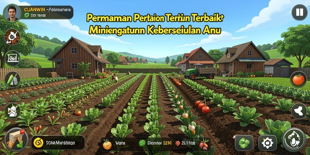 Tangkapan layar utama CUANWIN menampilkan ladang pertanian yang subur dan tanaman yang beragam.