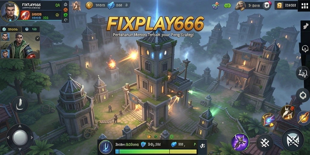 Tampilan gameplay <strong>FIXPLAY666</strong> yang menampilkan menara bertahan dari serangan musuh.