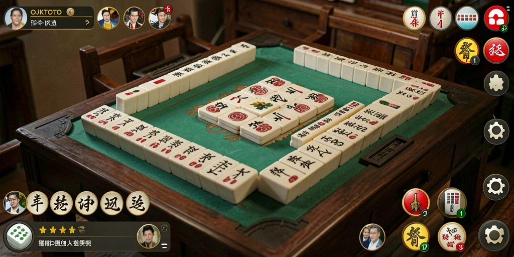 Tampilan gameplay OJKTOTO yang menarik dengan ubin Mahjong berwarna-warni.