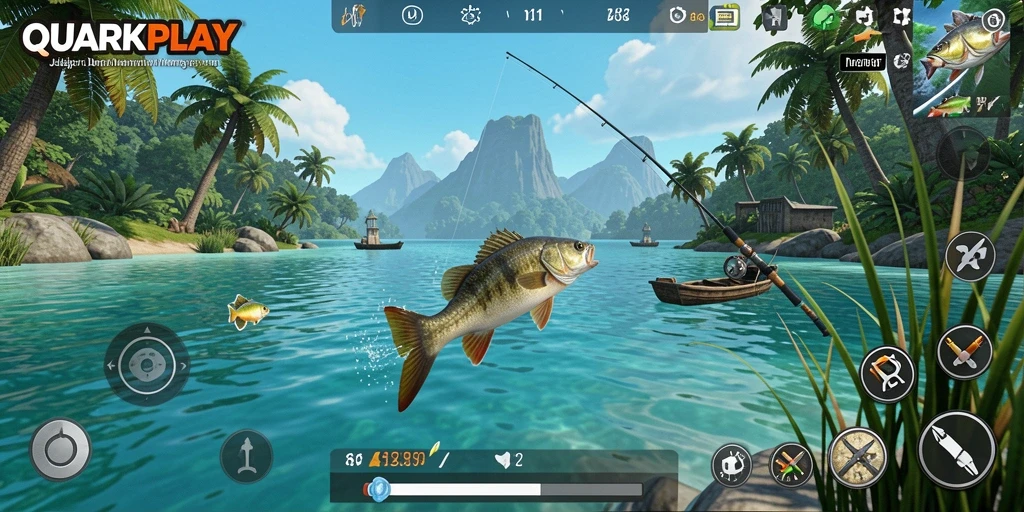 Screenshot utama QUARKPLAY menampilkan aksi menangkap ikan yang mendebarkan.